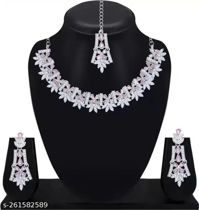 Alloy Necklace with Earrings & Maangtika for Women (Multicolor, Set of 1)