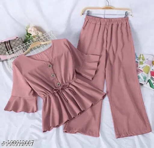 Polyester Solid Top & Bottom Set for Women, Peach (XL)