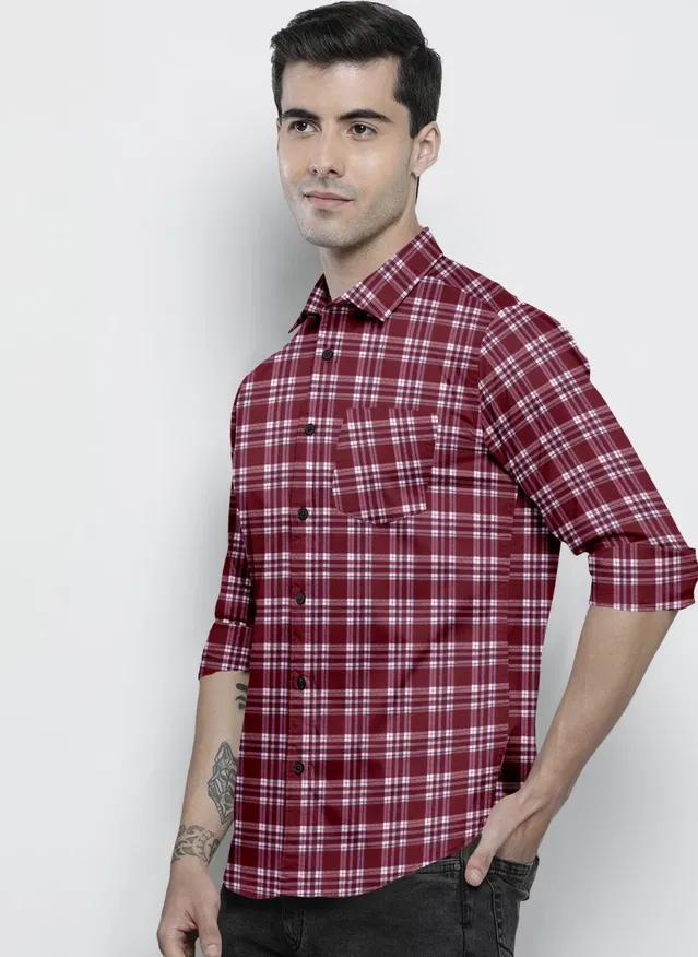 Cotton Blend Full Sleeves Shirt for Men (Maroon, XXL)