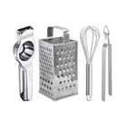 Oc9 Stainless Steel Lemon Squeezer & 4 in 1 Grater Or Slicer & Egg Whisk & Roti Chimta Kitchen Tool Set 