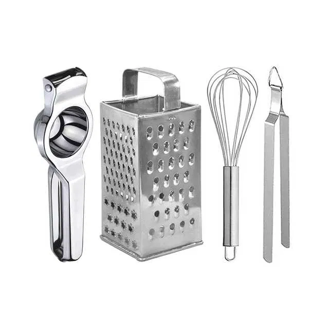 Oc9 Stainless Steel Lemon Squeezer & 4 in 1 Grater Or Slicer & Egg Whisk & Roti Chimta Kitchen Tool Set (O-76)