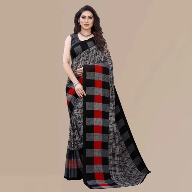 Georgette Chequered Saree for Women (Multicolor)