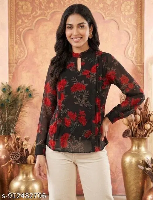 Floral Print Georgette Top for Women (Black, L)