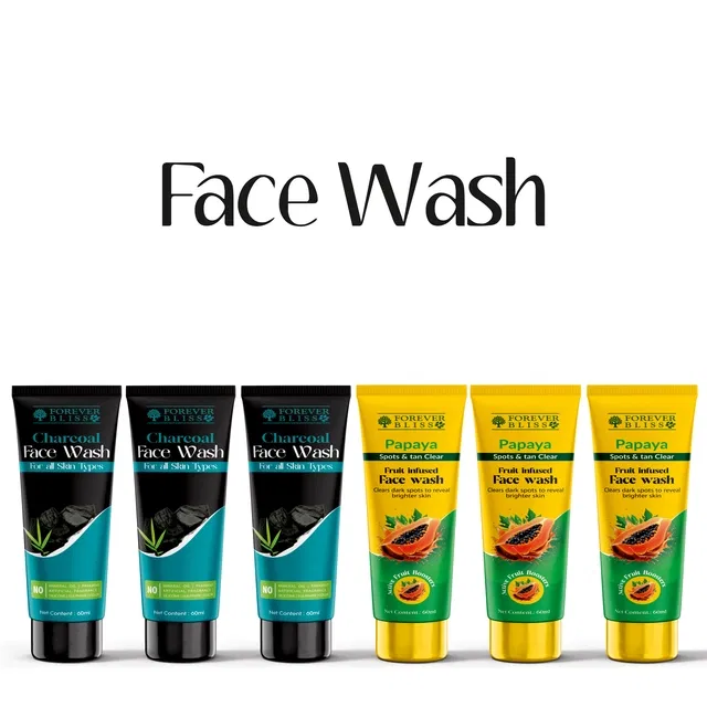 Combo of Forever Bliss 3 Pcs Charcoal with 3 Pcs Papaya Spots & Tan Removal Face Wash (60 ml, Pack of 6)