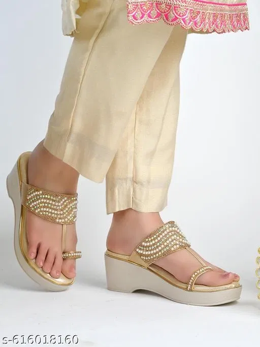Shoetopia Golden Embellished Wedge Sandals (Size IND-9)