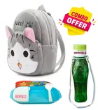 Combo of Fabric School Bag, Water Bottle with Lunch Box for Kids (Multicolor, Set of 3)