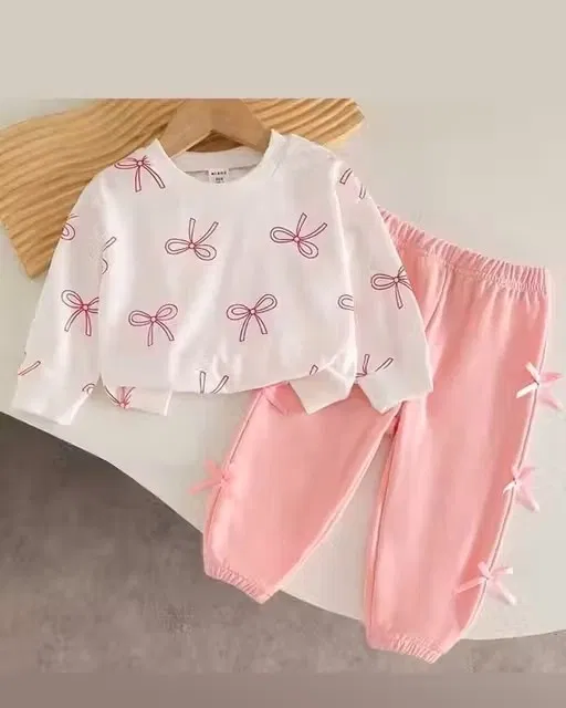 Cotton Hosiery Printed Clothing Set for Girls, White & Peach (12-18 Months)