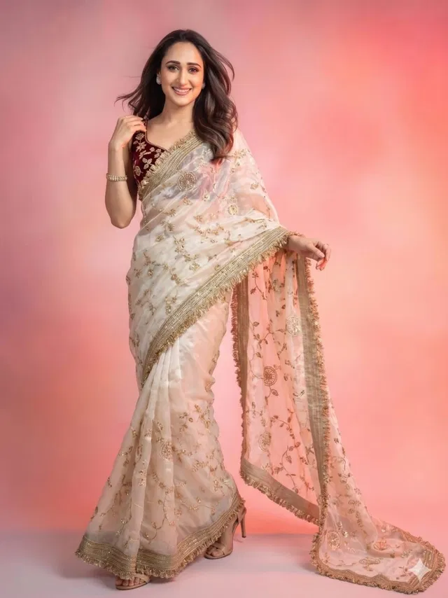Bollywood White Satin Embroidered Saree for Women