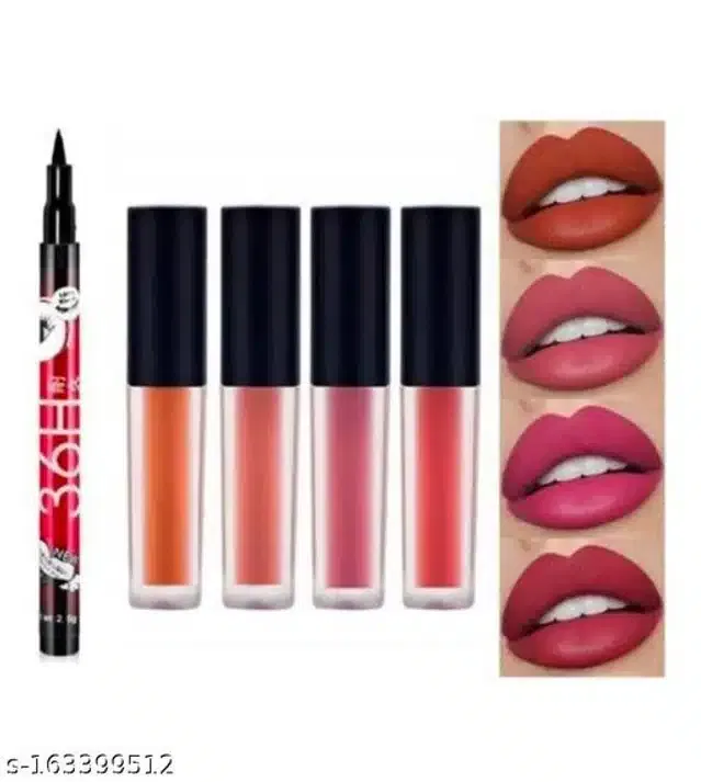 Combo of Eyeliner with 4 Pcs Waterproof Liquid Lipsticks (Multicolor, Set of 2)