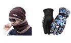 Woolen Cap with Neck Warmer & Gloves for Men & Women (Multicolor, Set of 2)