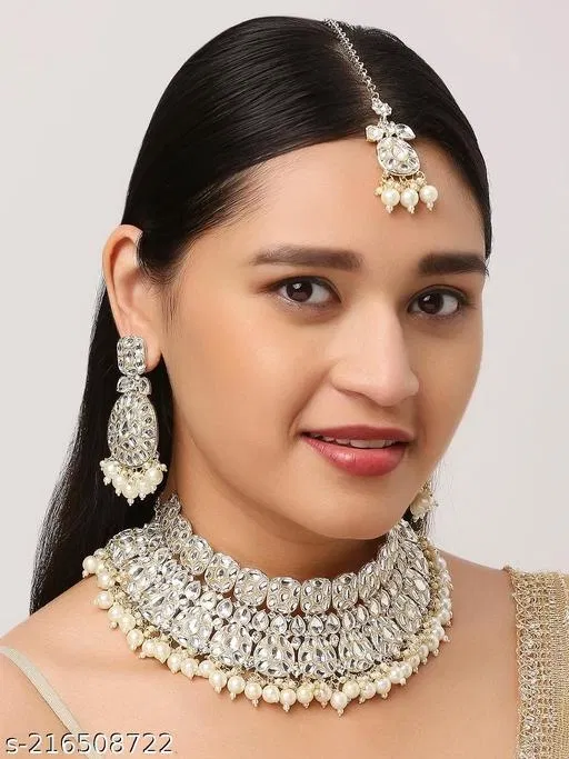 Light Gold Plated Bridal Kundan Diamond Choker Set for Women (White, Free Size)