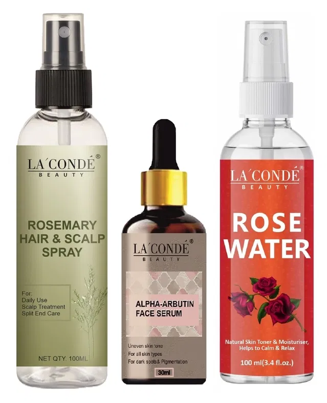La'Conde Beauty Natural Rosemary Water Hair Spray (100 ml) with Alpha Arbutin Face Serum (30 ml) & Natural Rose Water (100 ml) (Set of 3)