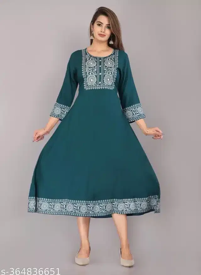 Anarkali Rayon Solid Kurti for Women (Turquoise, M)