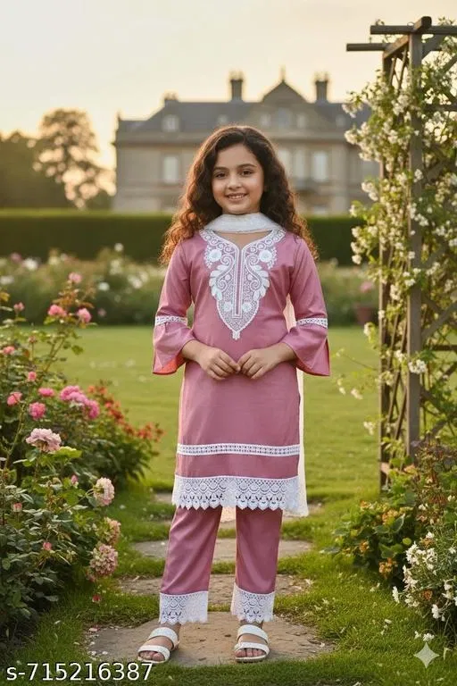 Rayon Kurta Set for Girls (Pink, 8-9 Years)