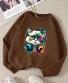 Cotton Printed Sweatshirt for Women (Brown, S)
