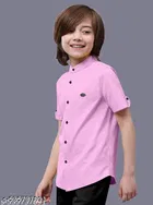 Solid Cotton Blend Mandarin Neck Short Sleeves Shirt for Boys 