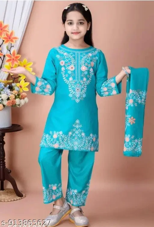 Cotton Kurta Set for Girls (Aqua Blue, 6-7 Years)