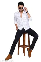 Cotton Blend Checkred Shirt for Men, White 