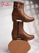 Shoetopia Solid Women's Synthetic Heeled Boots - Brown 