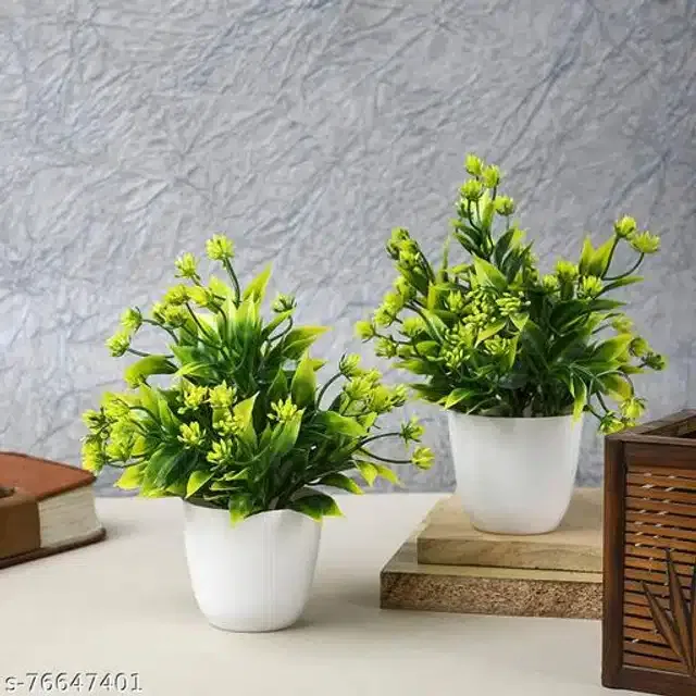 Artificial Plants with Pot (Green & White, Pack of 2)