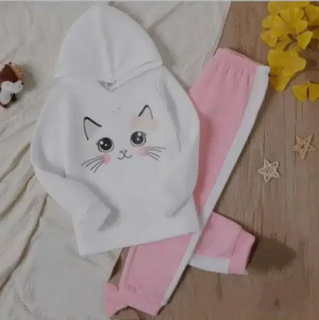 Full Sleeves Printed Top & Bottom Set for Kids (White & Pink, 12-18 Months)