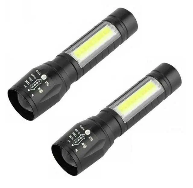 Portable Mini Aluminum Cob Tactical Zoomable Torch (Pack Of 2, Black) (SE-16)