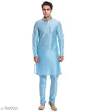 Dupion Silk Solid Kurta with Pyjama for Men (Sky Blue, S)