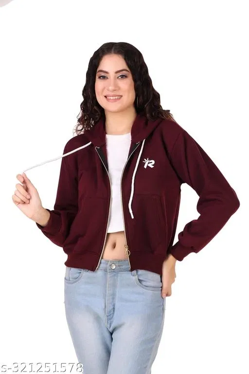 Fleece Solid Jackets for Women (Maroon, XL)