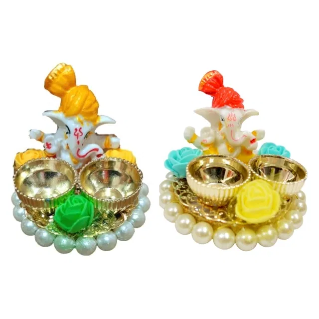Metal Decoretive Pooja Thali, Multicolour Pack of 2