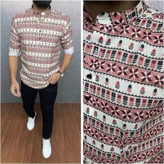 Cotton Blend Printed Short Kurta for Men (Multicolor, M)