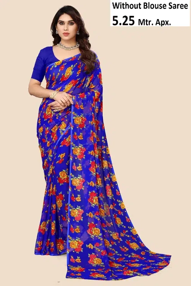 Georgette Printed Saree for Women (Blue, 6.3 m)