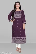 Chanderi Cotton Embroidered Kurti with Pant for Women (Purple, M)