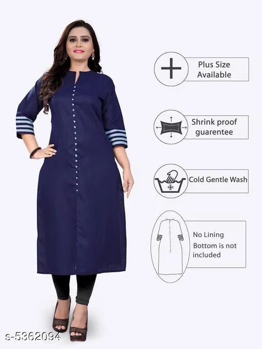Solid Cotton Kurti for Women (Blue, M)