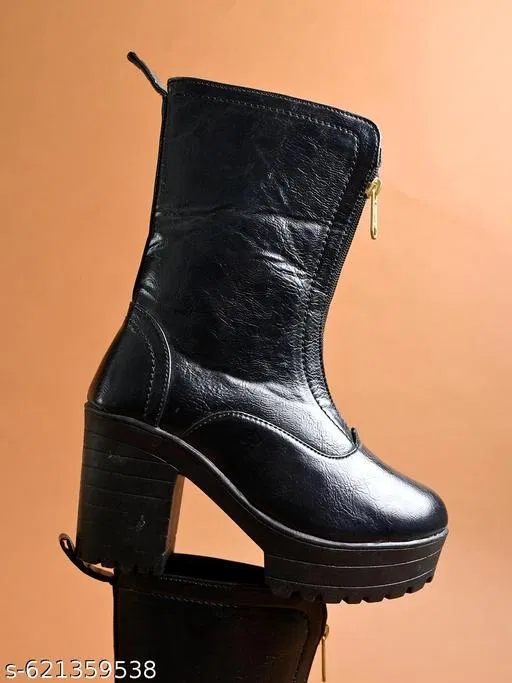 Solid Heeled Boots for Women Black (5)