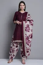 Cotton Blend Floral Kurti with Pant & Dupatta for Women 