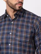 Cotton Blend Checkered Shirt for Men, Navy Blue 