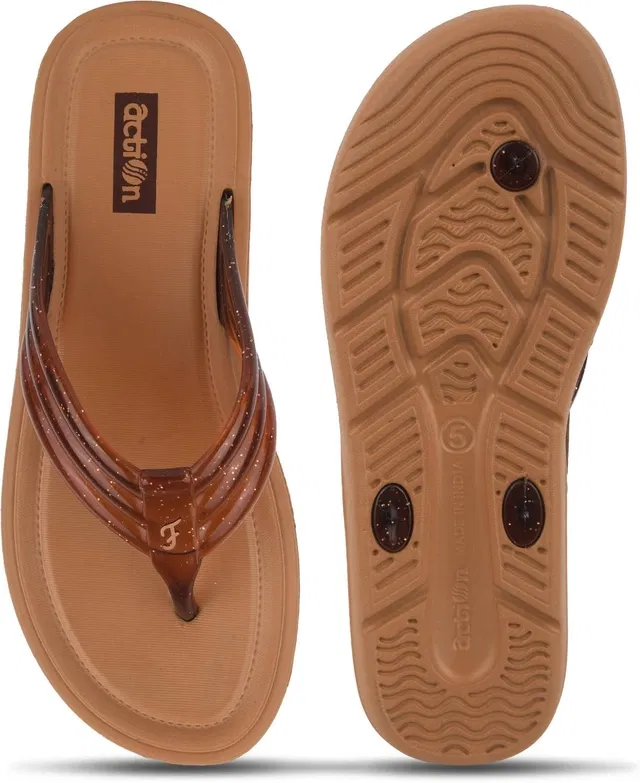 action Casual Flip Flops for Women (Brown, 5)