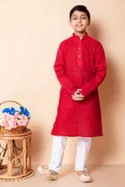Cotton Blend Printed Kurta with Payjama for Boys, Red & White 