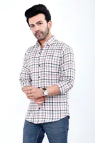 Cotton Blend Checked Shirt for Men, White 