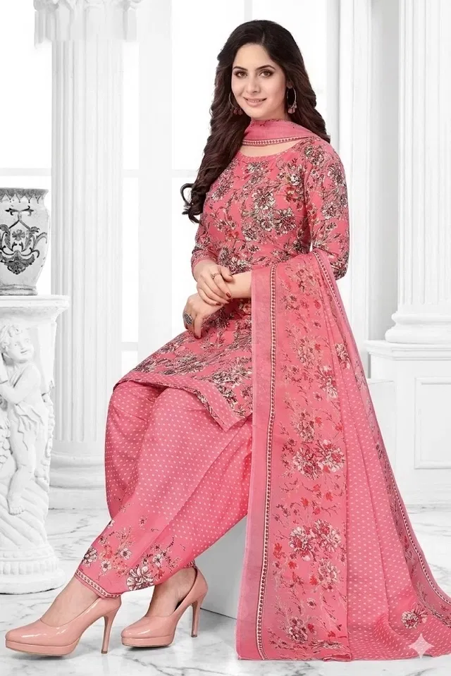 Crepe Floral Punjabi Suit for Women (Pink, Pink)