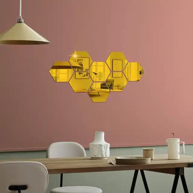 Acrylic Hexagon Shaped Wall Mirror Stickers (Gold, Pack of 8)