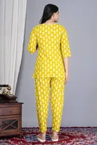 Women's Yellow Cotton Printed Night Suit Top and Pyjama Co-ord Sets 