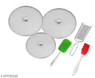 Metal Net Lids (3 Pcs) with Cheese Grater, Spatula & Oil Brush (Multicolor, Set of 6)