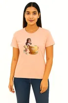 Cotton Blend Printed T-shirt for Women, Peach 
