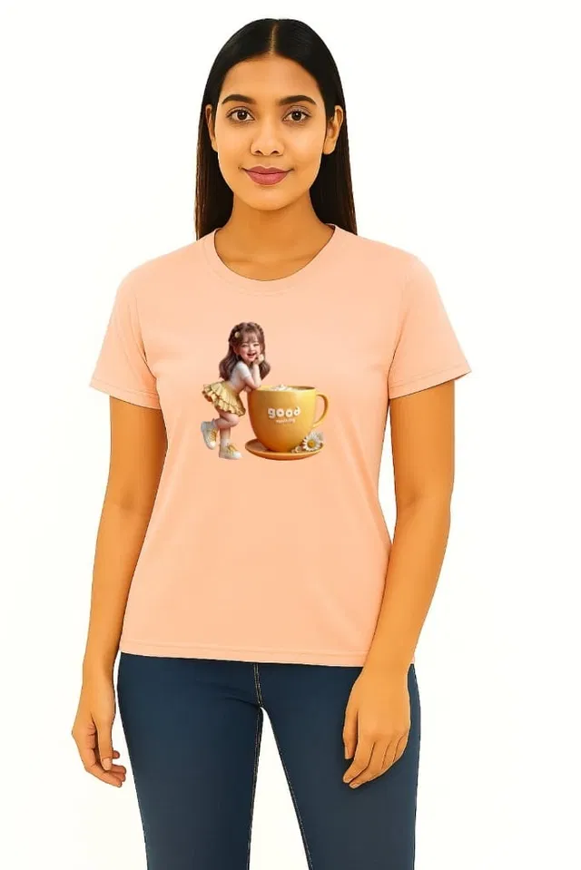 Cotton Blend Printed T-shirt for Women, Peach (L)