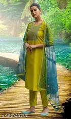 Cotton Blend Embroidered Kurta with Pant & Dupatta for Women 
