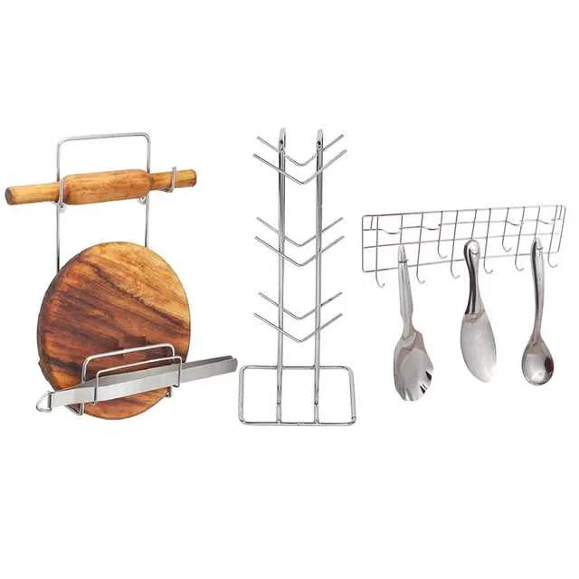 Stainless Steel Cup Stand & Chakla Belan Stand & Hook Rail For Kitchen (Set of 3) (OC-012)