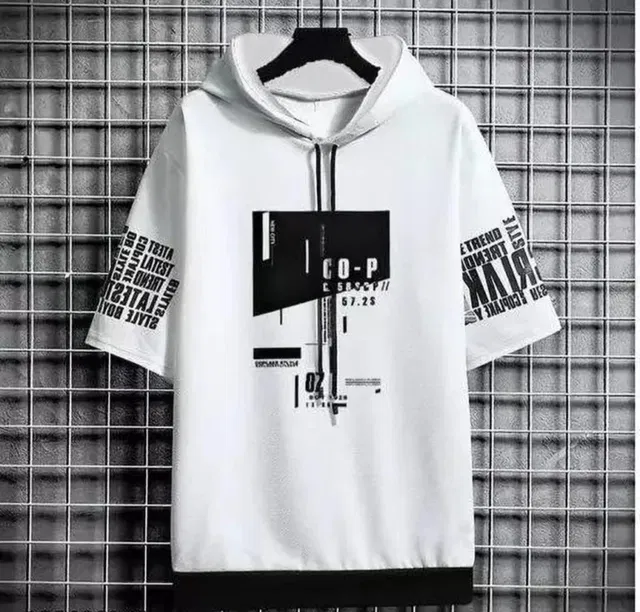 Half Sleeves Printed Hoodie for Men (White, XL)