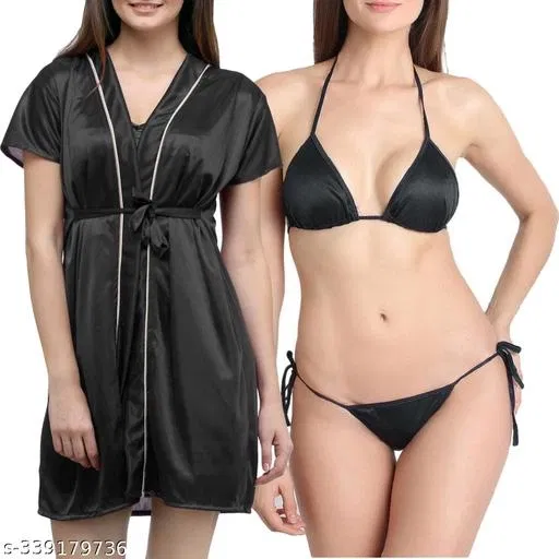 Satin Solid Babydoll for Women, Black (XL)