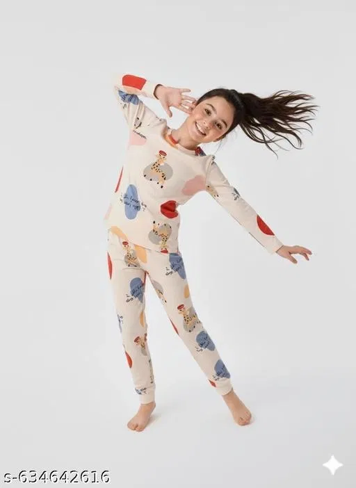 Cotton Blend Night Suit for Girls (Cream, 12-13 Years)